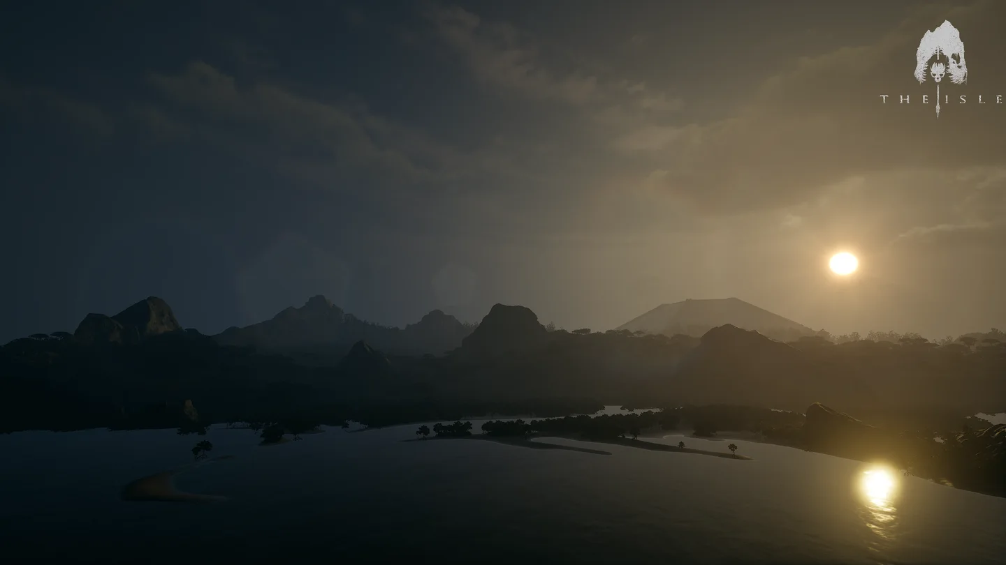 Paisagem de The Isle ao pôr do sol